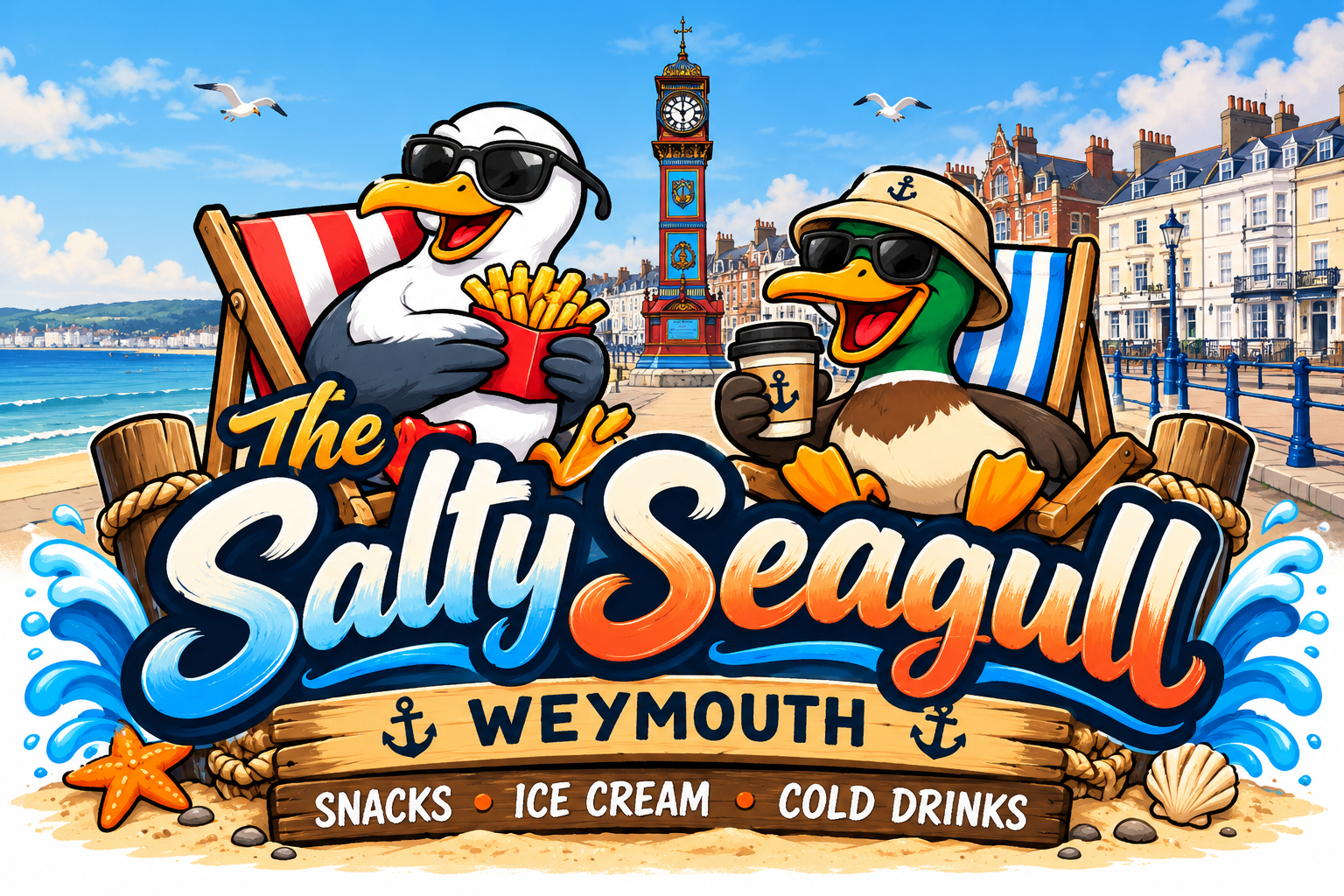 The Salty Seagull characters on Weymouth seafront